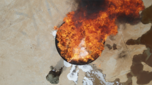 Oil fire suppression test comparing foam and aerogel fire suppression systems